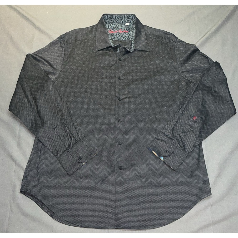 Robert Graham Dress Shirt Men XL Black Checkered Flip Cuff Contrast Trim